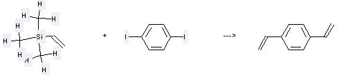 Benzene, 1,4-diethenyl- can be prepared by trimethyl-vinyl-silane and 1,4-diiodo-benzene at the temperature of 50 °C